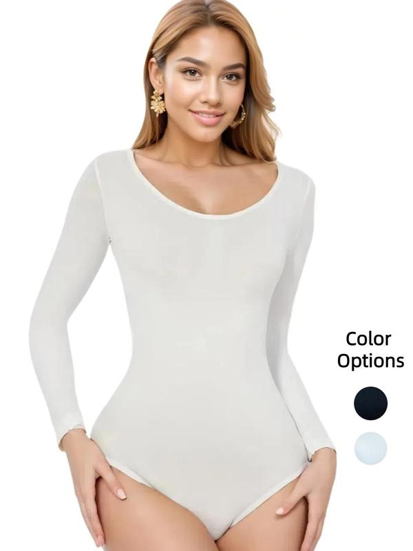 Women's Solid Long Sleeve Shapewear Bodysuit with Open Crotch Design, Scoop Neck Slimming Tummy Control Bodysuit, Ladies' Underwear & Shapewear