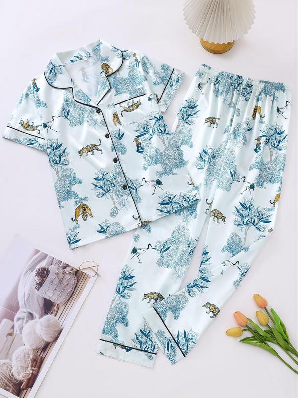 Two Counts @ShopwithJulie Collection Women's Tiger Floral Heart Print Lapel Shirt & Elastic Waist Pants Pyjama Set, Casual Button Front Drop Shoulder Top & Trousers PJ Set, Summer Wear 2024, Ladies Sleepwear for Summer