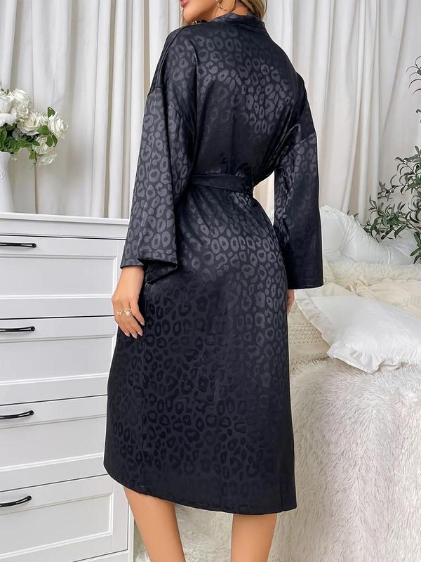 Women's Leopard Print V Neck Belted Wrap Lounge Robe, Fashion Casual Drop Shoulder Long Sleeve Pajama Robe for Daily Home Wear, Ladies Spring & Fall Sleepwear