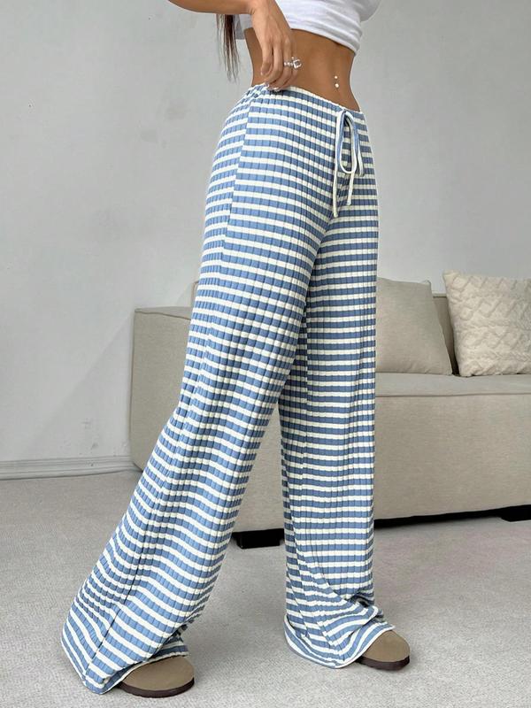 Women's Waffle Knit Striped Print Drawstring Waist Wide Leg Pants, Casual Comfy Trousers for Daily Wear, Ladies Bottoms for All Seasons