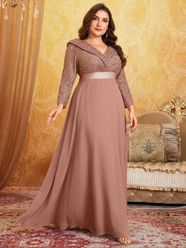  Glitter Contrast Sequin Collared Chiffon Evening Dress, Elegant Long Sleeve Maxi Dress for Party & Banquet, Women's Clothes for All Seasons