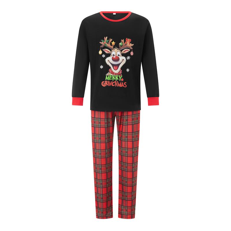 Family Christmas Pajamas Matching Sets PJ's Christmas Elk Print Long Sleeve Tops Elastic Plaid Pants Sleepwear Loungewear