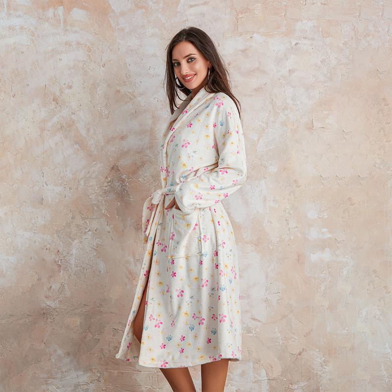 Women Dressing Gown Flannel Robe, Floral Print Shawl Collar Bathrobe for Hotel Spa Party,  Kimono Robe with Belt, Holiday Dressing, Ladies Clothes for Daily Wear Cotton Long Sleeve Womenswear Check