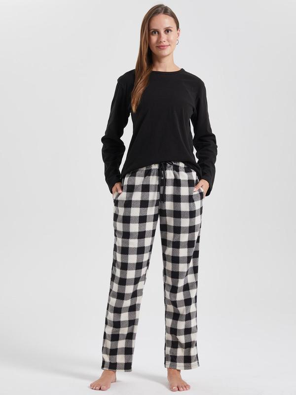 Christmas Couple's Solid Round Neck Sleep Top & Plaid Print Pocket Drawstring Sleep Pants, Casual Comfy Long Sleeve Top &  Elastic Waist Trousers for Daily Wear, Soft Comfy Sleepwear for Spring & Fall