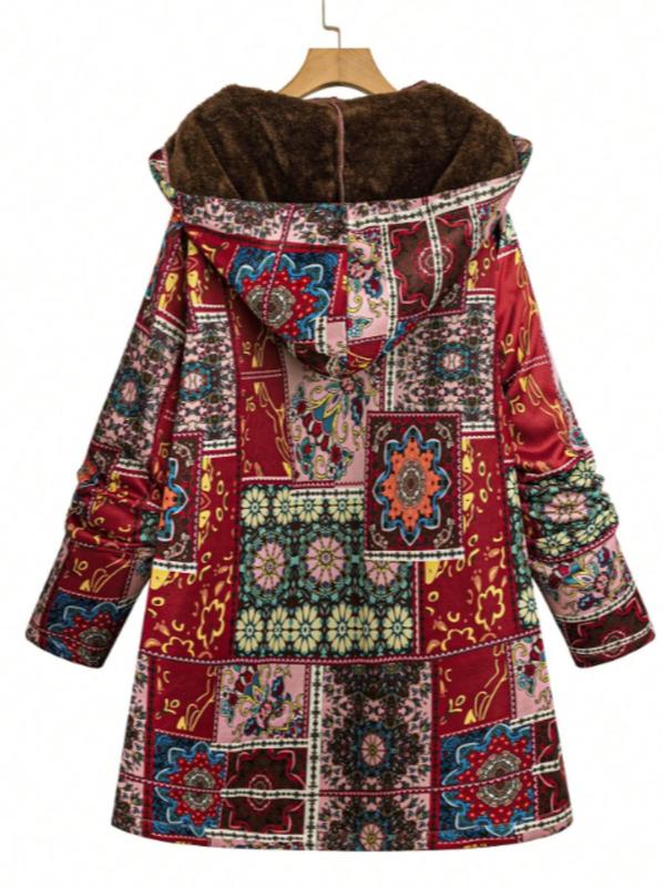  Women's All Over Ethnic Pattern Print Pocket Zip Up Long Sleeve Hooded Coat, Casual Thermal Lined Outerwear for Fall & Winter, Women's Clothes for Daily Wear