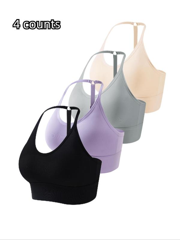 Women's 4pcs Plain Adjustable Strap Ring Linked Wireless Bra, Casual Comfortable Breathable Backless Bralette Lingerie for Daily Wear, Underwear for Women