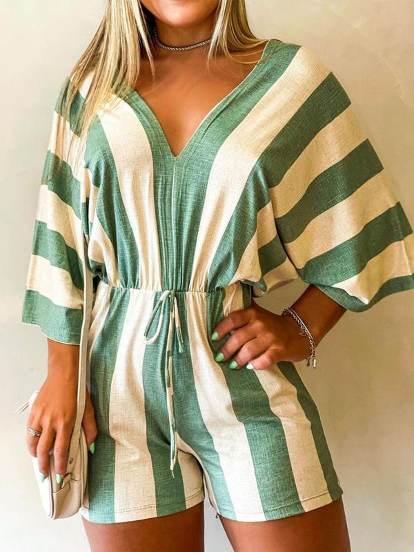 Women's Striped Print Knot Front V Neck Romper, Casual Batwing Sleeve Straight Leg Jumpsuit for Daily Wear, Ladies Clothes for All Seasons