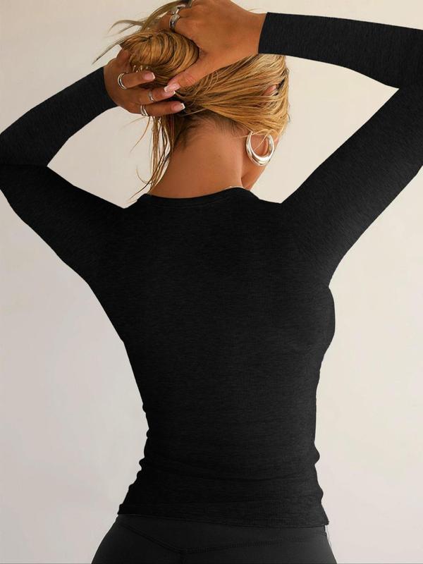 Women's Solid Notched Neck Top, Casual Long Sleeve Top for Spring & Fall, Women's Clothing for Daily Wear