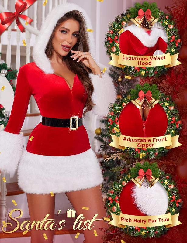 RSLOVE Christmas for Women Santa Costume - Sexy Santa Outfit Velvet Lingerie Dresses with Belt Furry Womenswear Clothing Mrs Claus Costume Comfort