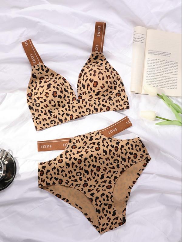 Women's Leopard Print Letter Tape Underwear Set, Push Up Bra & Cut Out High Waist Panty Set, Women's Lingerie Set for All Seasons