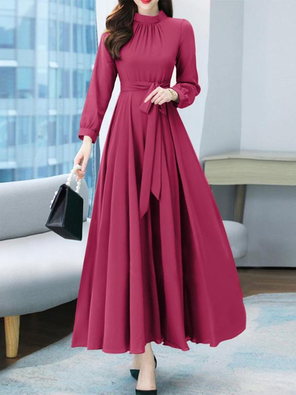 Women's Plain Belted Plicated Bishop Sleeve Dress, Elegant Long Sleeve Stand Collar A Line Dress for Party Holiday Wedding Guest, Ladies Fall & Winter Clothes