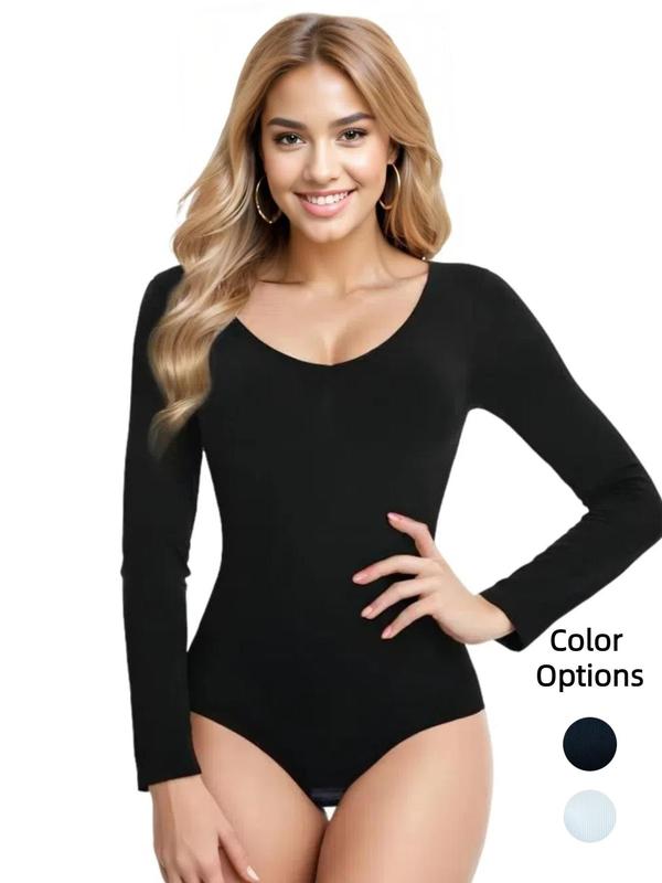 Women's Solid Long Sleeve Shapewear Bodysuit with Open Crotch Design, Scoop Neck Slimming Tummy Control Bodysuit, Ladies' Underwear & Shapewear