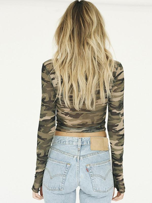 Women's Camo Print Round Neck Semi-sheer Tulle Crop Tee, Casual Long Sleeve Crew Neck T-shirt for Spring & Fall, Fashion Women's Top for Daily Wear, Fall Outfits, Fallfreshness