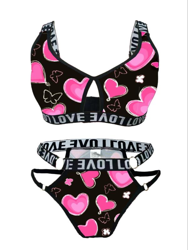  Two-Piece Set Heart Print Letter Tape Cut Out Bra & O-ring Detail Panty, Casual Adjustable Strap Wireless Bra & Panty Set, Women's Lingerie Set for All Seasons