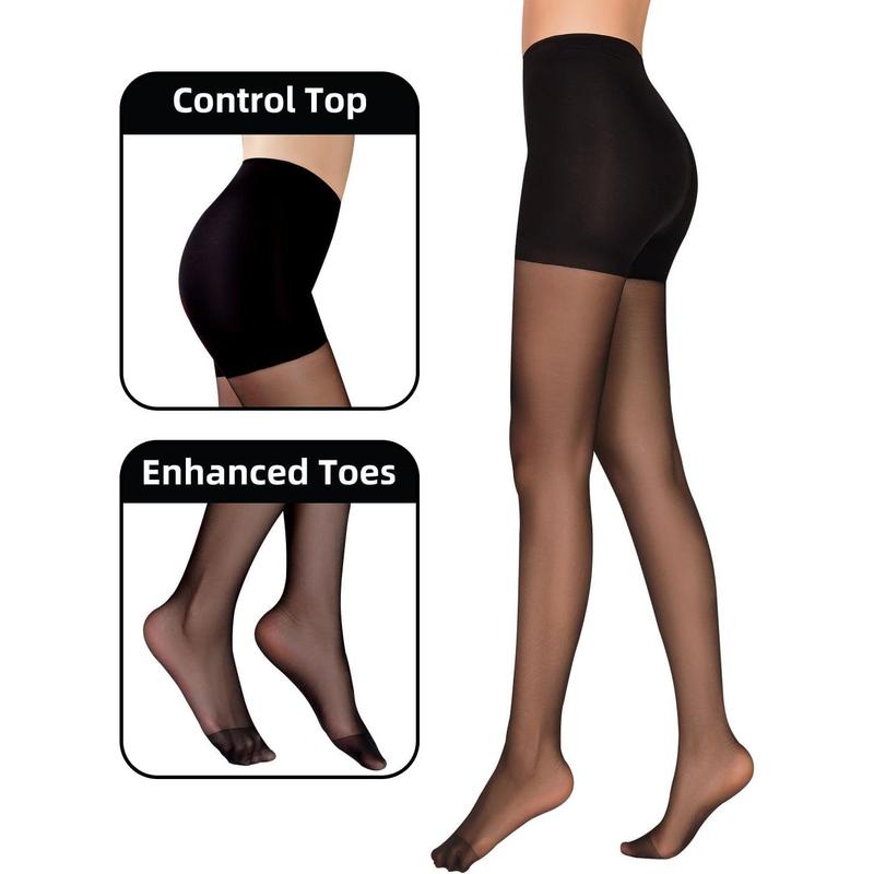 Black Sheer Tights for Women, 30D Control Top Pantyhose with Reinforced Toes