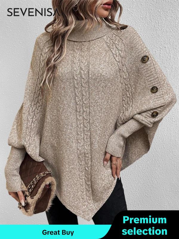 Women's Solid Textured Button Batwing Sleeve Sweater Pullover, Casual Long Sleeve High Neck Jumper for Fall & Winter, Fashion Ladies' Knitwear for Daily Wear