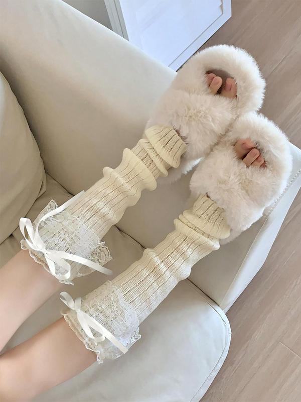 Women's Cute Bow Decor Contrast Lace Ruffle Leg Warmers, Korean Outfits, 1 Pair Fashion Romantic Leg Warmers for Daily Wear, Women's Socks for All Seasons, Korean Streetwear