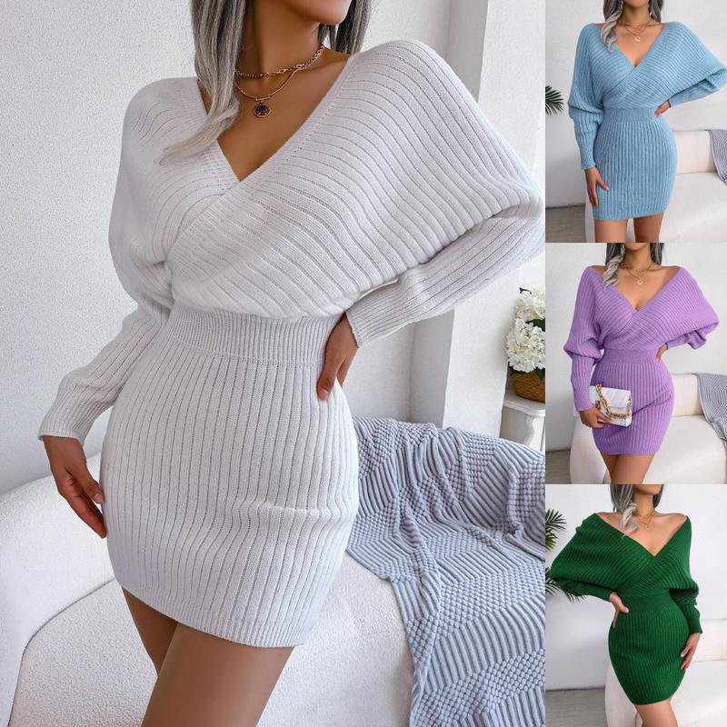 2024New Deep double V knit warm high quality dress with wrap-around hips,show your glamorous, lightweight, wearable stretchy dress Casual Fit