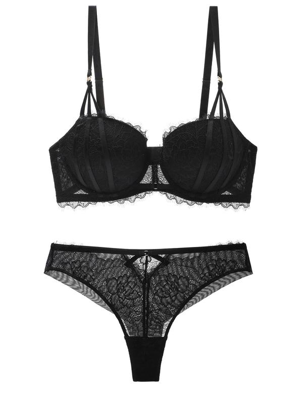 Two-Piece Set Women's Adjustable Strap Push Up Bra & Lace Panty Set, Soft Comfortable Breathable Underwear Set For Daily Wear, Women's Lingerie Set For All Seasons