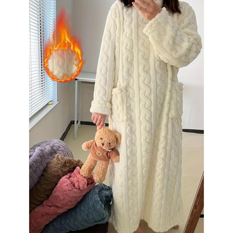 1pc Women'S Long Coral Velvet Sleeping Gown, Winter Cozy Warm Pajama Robe with Pockets, Thickened High-Density Fabric, Solid Color, Casual Style, Adult Home Wear