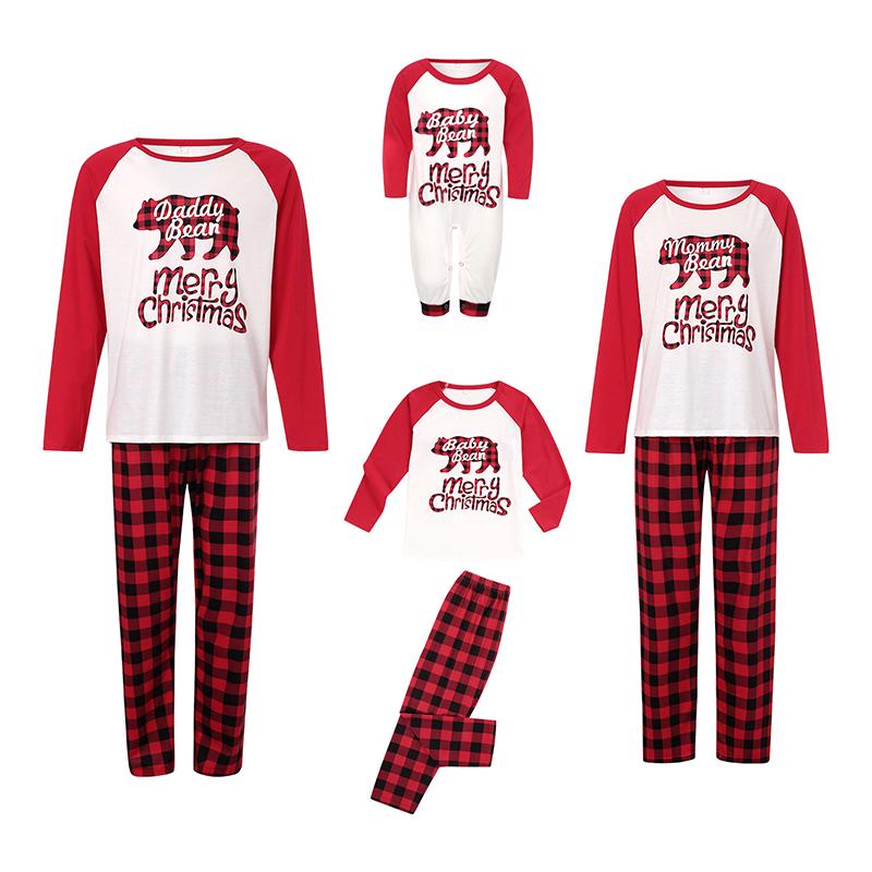 Family Matching Nightwear Set, Christmas Letter Print O-Neck Long Sleeve Blouse+ Plaid Pants for Kids Adults