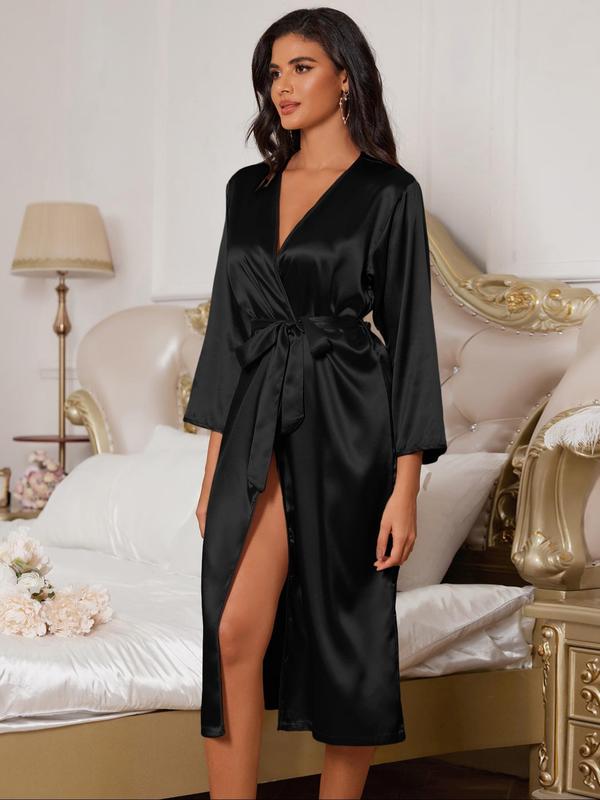 Women's Solid Color Belted Satin Bathrobe, Long Sleeve Dressing Gown, Soft Comfortable Breathable Bathrobe for Women, Women's Sleepwear for Fall & Winter