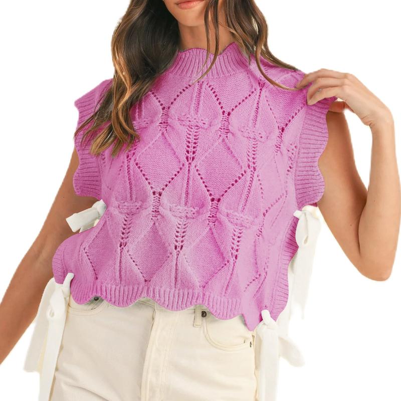 Women Y2K Ribbon Bow Sweater Vest Chunky Cap Sleeve Knit Vest with Bows Casual Lace Up Bandage Crochet Knit Tank Tops