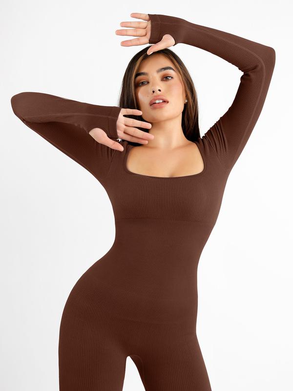 FeelinGirl The Jumpsuit Seamless Thumb Hole Square Neck Long Sleeve Soft Fabric Simple Womenswear