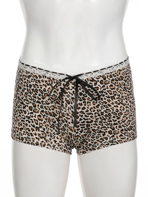 Women's Leopard Print Contrast Lace Tie Front Shorts, Casual Comfy Drop Waist Shorts for Summer, Fashion Women's Bottoms for Daily Wear