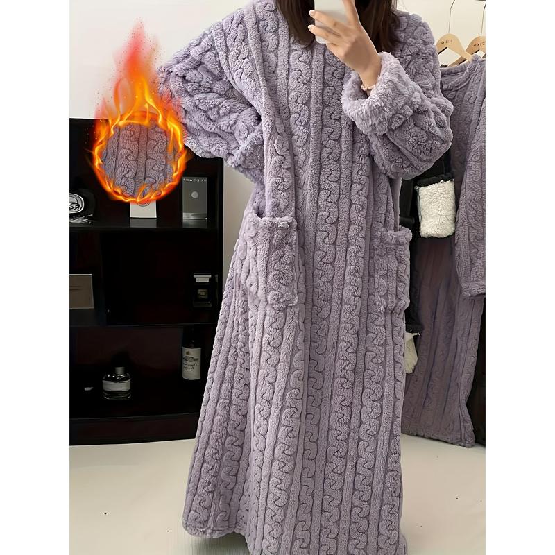 1pc Women'S Long Coral Velvet Sleeping Gown, Winter Cozy Warm Pajama Robe with Pockets, Thickened High-Density Fabric, Solid Color, Casual Style, Adult Home Wear