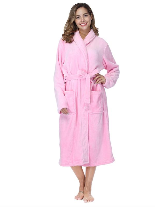 Women's Solid Dual Pocket Belted Flannel Pj Robe, Mean Girls Long Sleeve Shawl Collar Dressing Gown, 2000s Robe，Women's Sleepwear for Fall & Winter, Cold Weather Gear, Robe for Women, Fall Wear, Fallfreshness