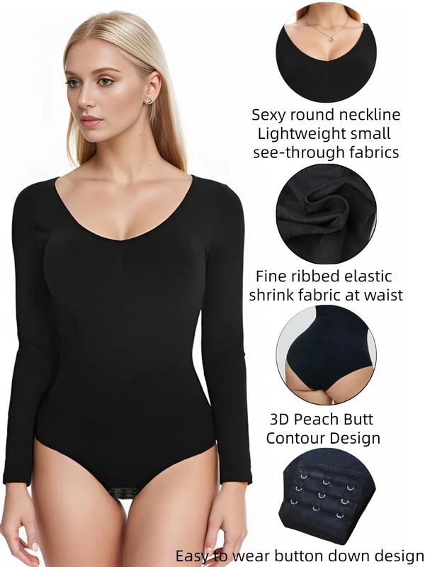 Women's Solid Long Sleeve Shapewear Bodysuit with Open Crotch Design, Scoop Neck Slimming Tummy Control Bodysuit, Ladies' Underwear & Shapewear