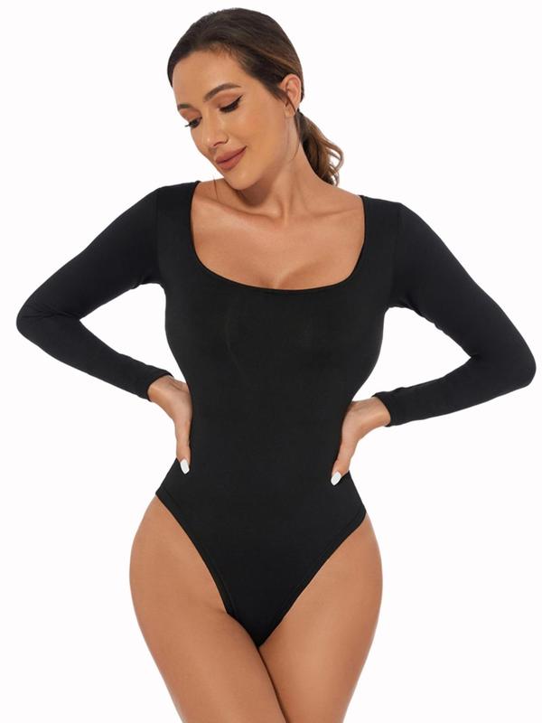 Women's Square Neck Long Sleeve Shapewear Bodysuit, Solid One-piece Tummy Control Shaper, Comfort Lady's Clothes for All Seasons