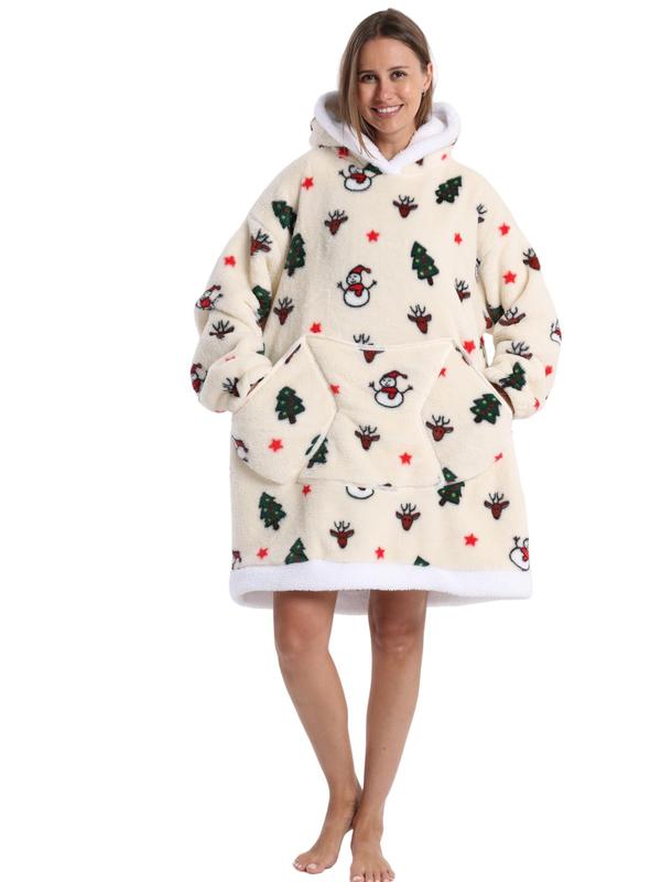 Women's Christmas Themed All Over Print Drop Shoulder Hooded Lounge Dressing Gown, Casual Long Sleeve Pocket Design Flannel Dressing Gown, Ladies Sleepwear for Fall & Winter