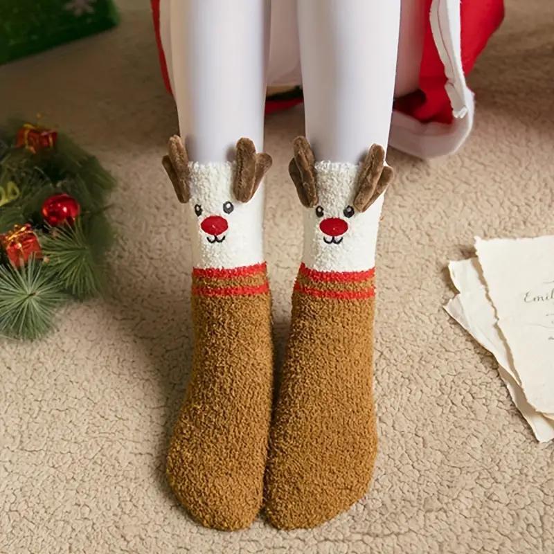 Christmas Themed Socks, 3 Pairs Cute Cartoon Reindeer & Santa Claus & Snowman Pattern Socks, Warm Floor Socks, Sleep Socks, Party Supplies