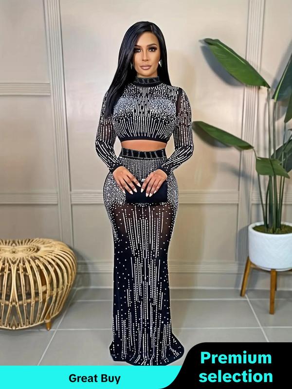 Women's Sexy Glitter Rhinestone Sheer Crop Top & Bodycon Skirt Set, Long Sleeve Mock Neck Top & Maxi Skirt Set for Party Club Dating, Ladies Summer Clothes