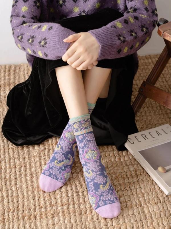 Women's Multicolored Floral Jacquard Crew Socks, Casual Comfort Cozy Mid-tube Socks for Daily Outdoor Wear, Women's Socks for Fall & Winter, Socks for Women