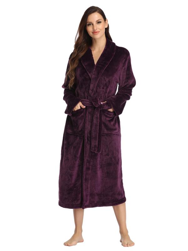 Women's Solid Dual Pocket Belted Flannel Pj Robe, Mean Girls Long Sleeve Shawl Collar Dressing Gown, 2000s Robe，Women's Sleepwear for Fall & Winter, Cold Weather Gear, Robe for Women, Fall Wear, Fallfreshness