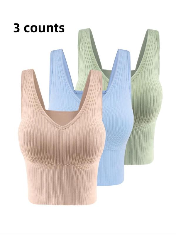 Women's Solid Ribbed V Neck Crop Tank Top with Removable Chest Pad Design, Crop Tops, Casual Breathable Comfortable Sleeveless Cropped Top for Daily Wear,  Cute Crop Tops,  Ladies Clothes for All Seasons