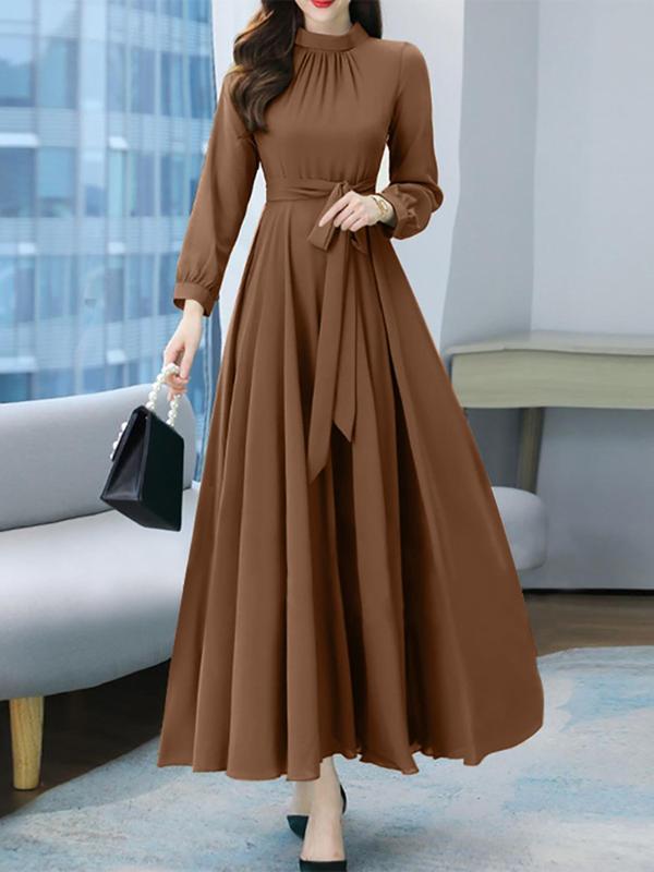 Women's Plain Belted Plicated Bishop Sleeve Dress, Elegant Long Sleeve Stand Collar A Line Dress for Party Holiday Wedding Guest, Ladies Fall & Winter Clothes