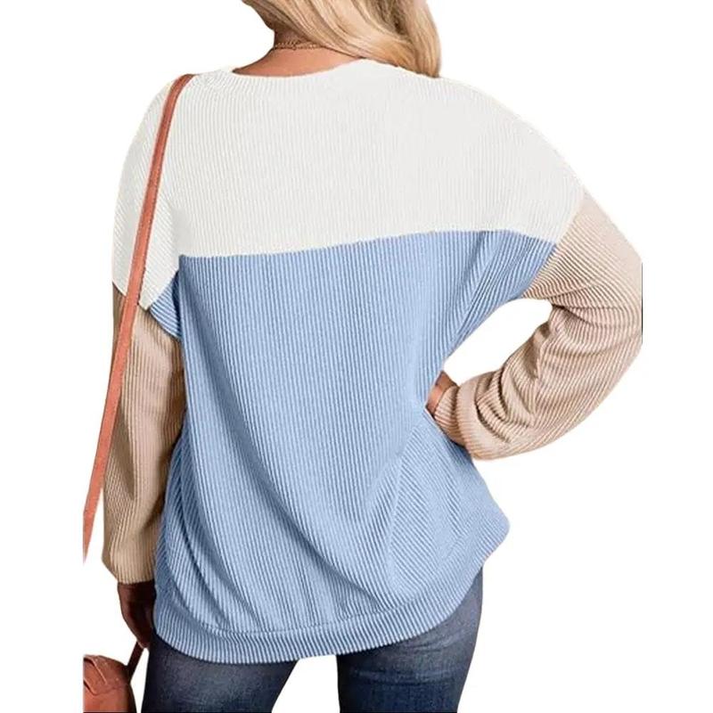 Womens Fashion New Color Block Long Sleeve Crewneck Knitted Casual Loose Pullover Shirts Tops