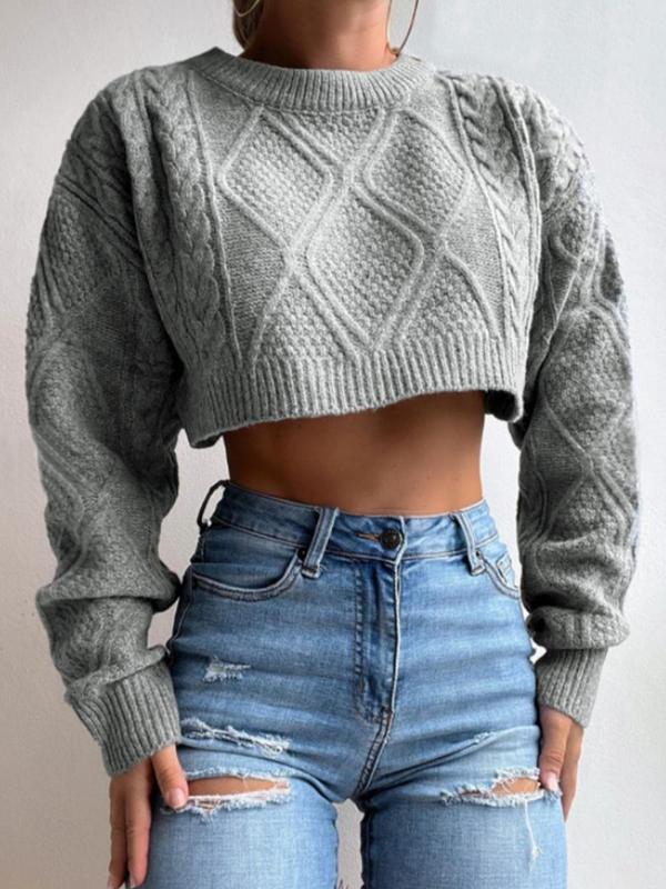 Women's Plain Textured Crop Sweater, Casual Long Sleeve Round Neck Jumper, Women's Spring & Fall Knit Clothing for Daily Wear Fall Sweater