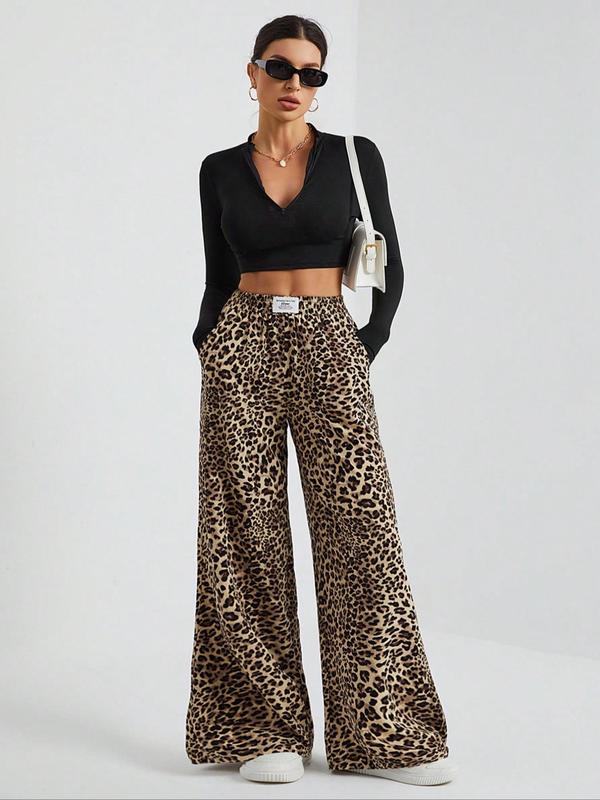 Women's Leopard-Print Wide Leg Pants, Casual Comfy Trousers for Daily Wear, Ladies Bottoms for Fall & Winter