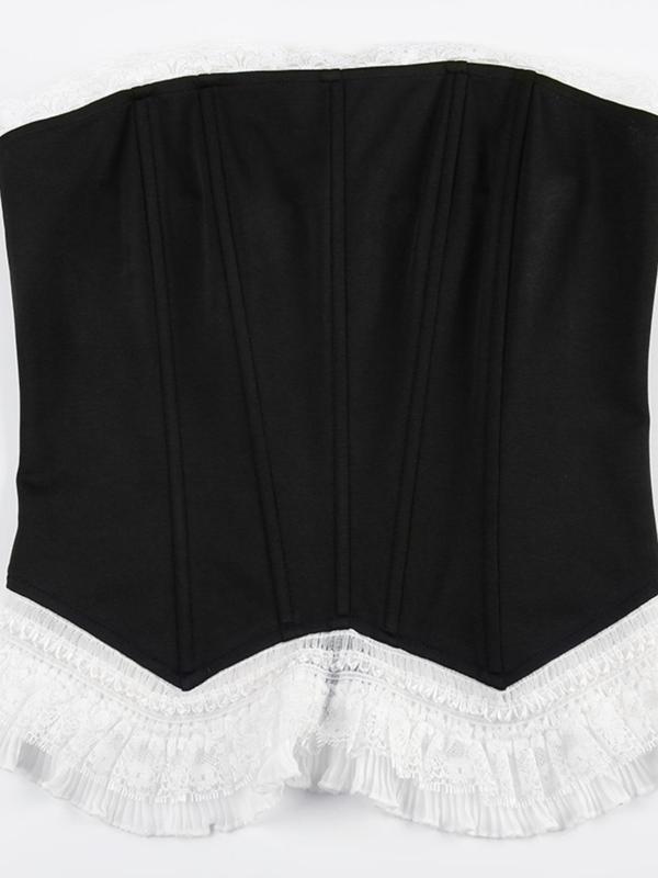 Women's Contrast Lace Frill Trim  Zipper Back Crop Tube Top, Y2k Fashion Casual Strapless Bustier Top for Daily Outdoor Wear, Women Top Clothes for Summer