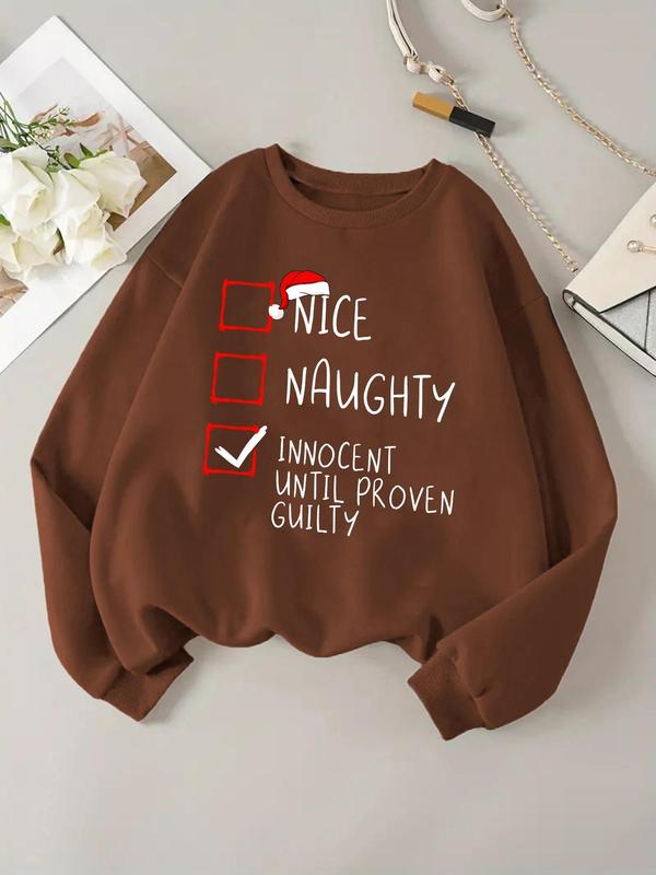 Women's Christmas Letter Print Drop Shoulder Fleece Sweatshirt, Casual Long Sleeve Round Neck Pullover for Daily Wear, Ladies Fall & Winter Clothes