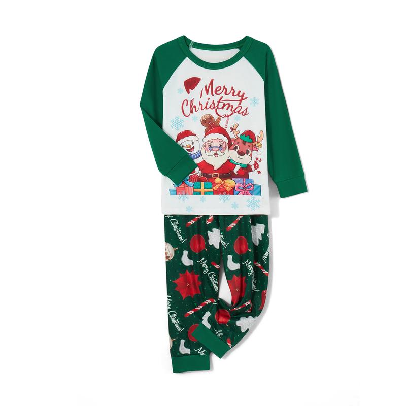 Green Matching Christmas Pajamas For Family Long Sleeve Santa Snowman Reindeer Print Tops + Pants Set Winter Sleepwear