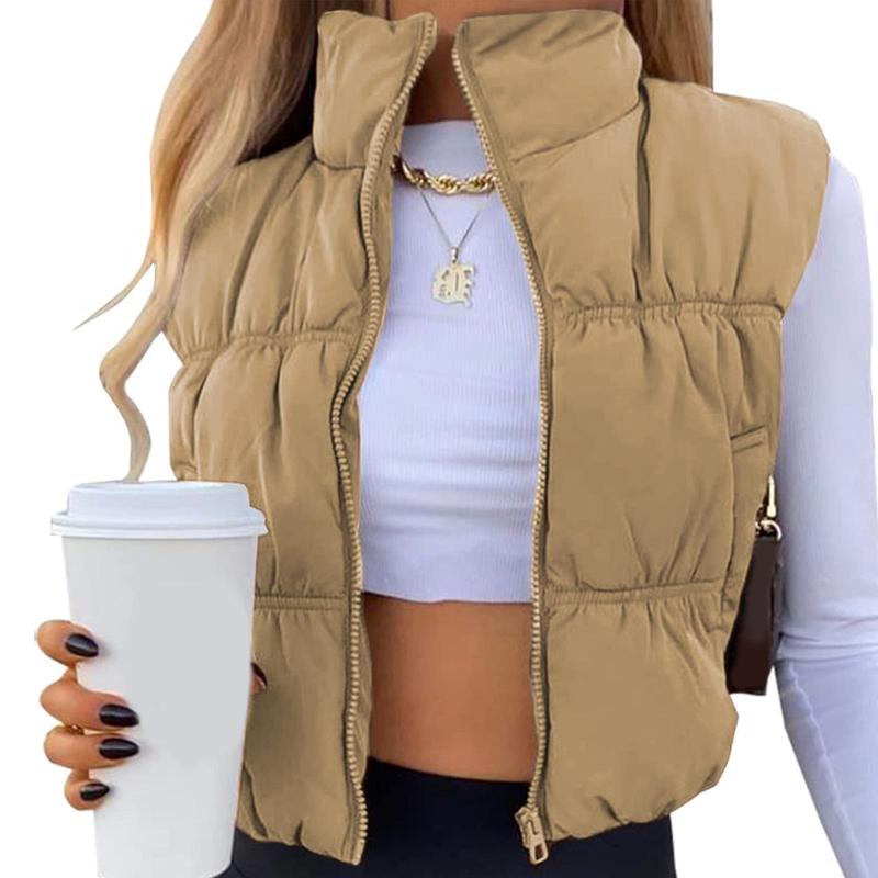 Women's Solid Color Cropped Puffer Vest with Zipper and Standup Collar warm  vest Zip Up Sleeveless Puffer Vest Women's Lightweight zipper vest