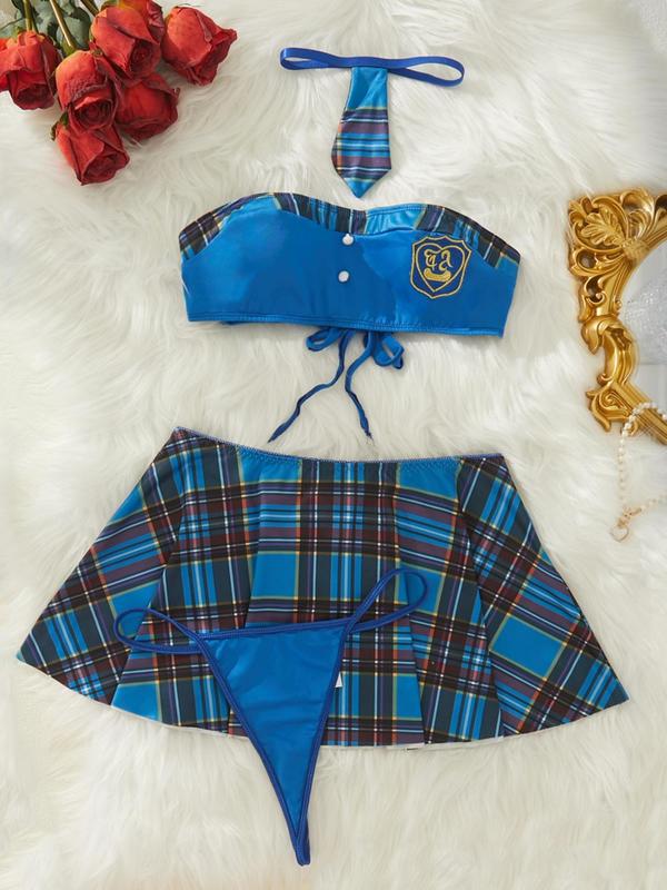 Women's Plaid Print Embroidering Sexy Lingerie Costumes Set, Sexy Tie Back Bandeau Bra & Thong & Pleated Skirt & Tie Set, Ladies Sexy Lingerie Set