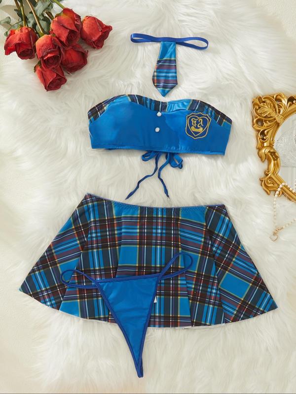 Women's Plaid Print Embroidering Sexy Lingerie Costumes Set, Sexy Tie Back Bandeau Bra & Thong & Pleated Skirt & Tie Set, Ladies Sexy Lingerie Set