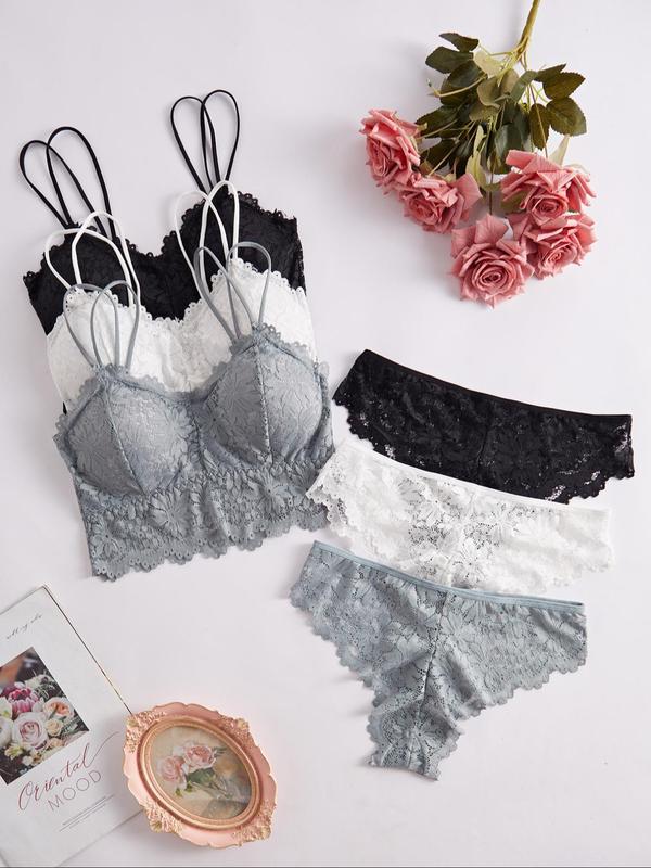 Women's Solid Color Floral Lace Bra & Panty Set, Soft Comfy Breathable Wireless Bra & Panty Set, Lingerie Set for Women